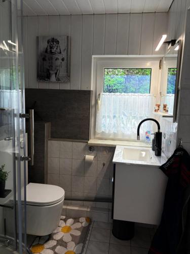 a bathroom with a sink and a toilet and a window at Ferienhaus an den Eichen in Aschersleben