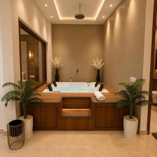a bathroom with a tub with two palm trees in it at HOTEL ATHENS , a boutique hotel in Zirakpur