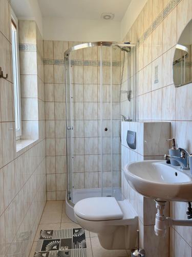 a bathroom with a sink and a toilet and a shower at Tomaszówka in Sarbinowo