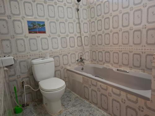 a bathroom with a toilet and a bath tub at G4 homez in Morogoro