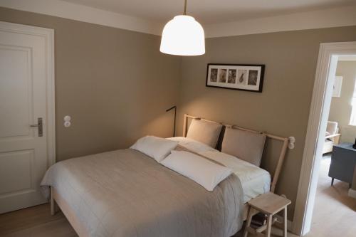 a bedroom with a bed and a pendant light at JETHON Appartement am Wasserturm 2 in Nienburg