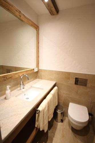 a bathroom with a sink and a toilet and a mirror at Appartementhaus Brunnenhof in Wagrain