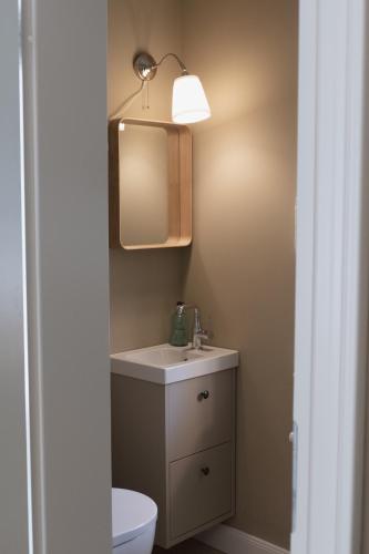 a bathroom with a sink and a mirror and a toilet at JETHON Appartement am Wasserturm 2 in Nienburg
