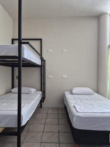 ein Schlafzimmer mit zwei Etagenbetten und einem Fenster in der Unterkunft Bermejo Hostel LAP in La Paz