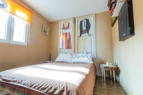 a bedroom with a bed and a window and a tv at Nature Oasis Kravari - Private Pool & Jacuzzi in Stegvaši