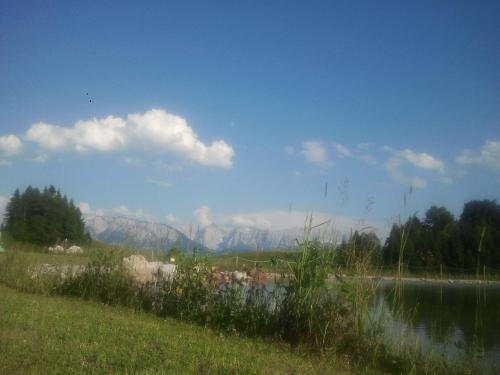 a view of a lake with mountains in the background at Berggasthof Bichlersee in Oberaudorf