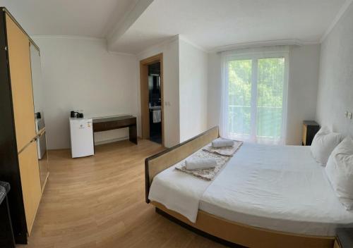 a bedroom with a bed and a large window at Apartments Vlavcheski in Peštani