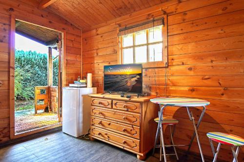 a kitchen with a refrigerator and a table in a cabin at Ferienholzhaus Sternchen mit Terrasse in Zinnowitz