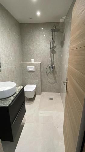 a bathroom with a toilet and a sink and a shower at Studio cosy avec terrasse in Montpellier