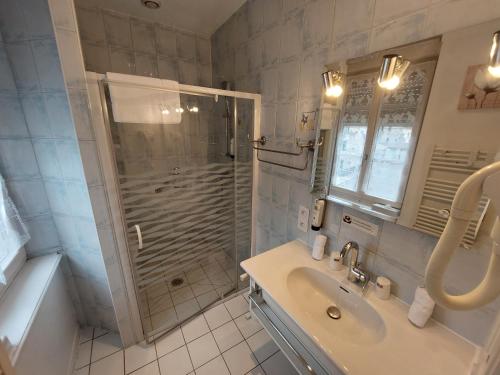 a bathroom with a shower and a sink at Logis Hôtel Restaurant bistronomique La Vieille Auberge, in Souillac
