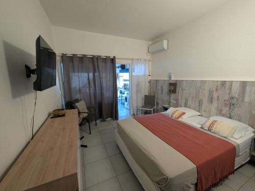 a bedroom with a large bed and a television at Bluehibiscus in Saint-François