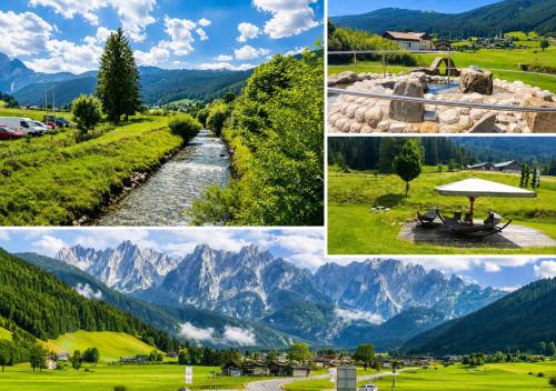 a collage of photos with mountains and a river at Forest Apartment Gosau in Gosau