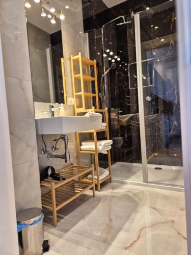 a bathroom with a sink and a shower at Apartment Nähe Zentrum in Vienna