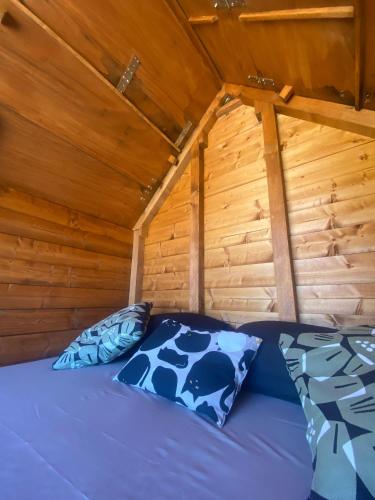 a bed in a cabin with wooden walls at Altaluna tiny house sotto le stelle in Trebbiantico