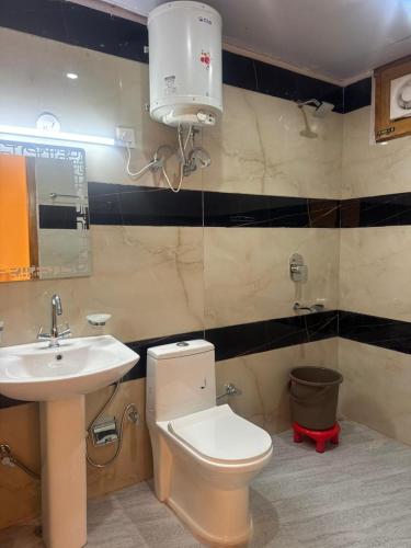 a bathroom with a white toilet and a sink at The Zoland in Jibhi