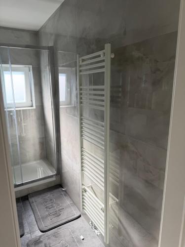 a walk in shower with a glass door in a bathroom at Stillvolle Apartment NV in Neukirchen-Vluyn