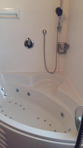 a bath tub with a shower in a bathroom at Ferienhaus Sonnenpier in Putbus