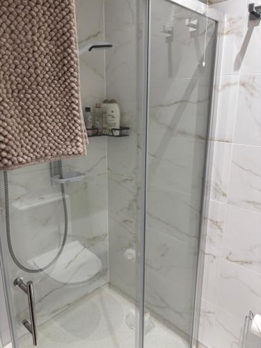 a shower with a glass door in a bathroom at 4 Glenfalloch Road in Crianlarich