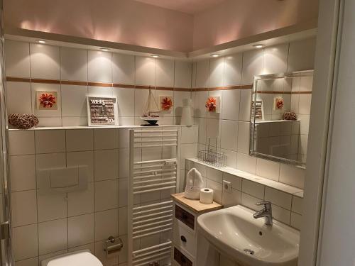 a bathroom with a sink and a toilet and a mirror at Fördeblick Anna in Glücksburg