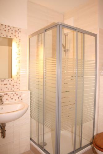 a glass shower in a bathroom with a sink at Gesine 3 in Nienhagen