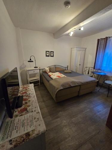 a bedroom with a bed and a television and a table at Pension Reuss - Hotel garni in Erfurt