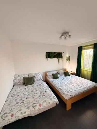 two beds sitting in a room with a window at Apartmány KK in Chvalovice