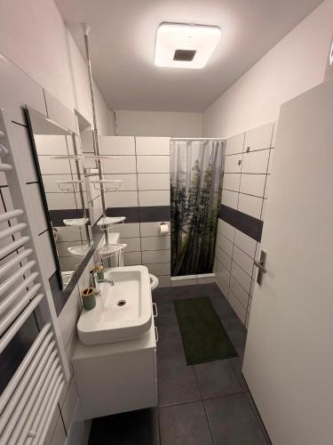 a white bathroom with a sink and a shower at Apartmány KK in Chvalovice