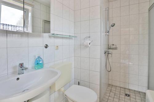 a bathroom with a sink and a toilet and a shower at FeWo Lavendel in Kröpelin