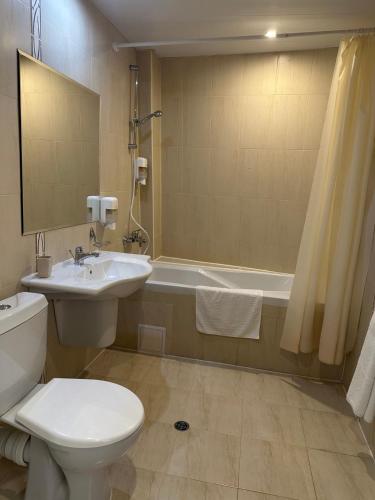 a bathroom with a toilet and a sink and a tub at Dafovska Hotel in Pamporovo