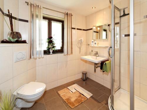 a bathroom with a toilet and a sink and a shower at Ferienwohnungen Göstl in Bodenmais