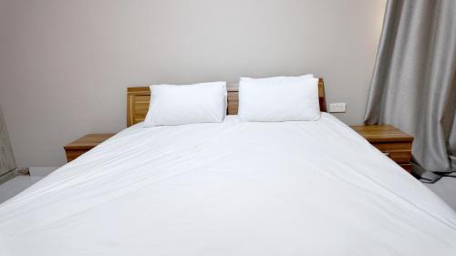 a white bed with two pillows on top of it at Witu Apartments in Lusaka