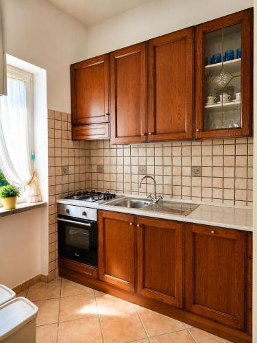 a kitchen with wooden cabinets and a sink at Holiday House Nemi in Monte Porzio