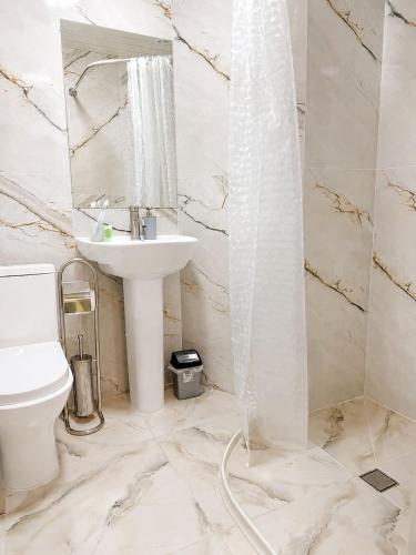a bathroom with a sink and a toilet and a mirror at OUR House in Vagharshapat