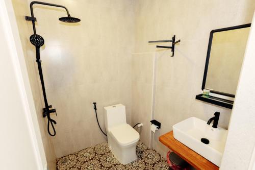 a bathroom with a toilet and a sink and a mirror at Azul Retreat in Dhigurah
