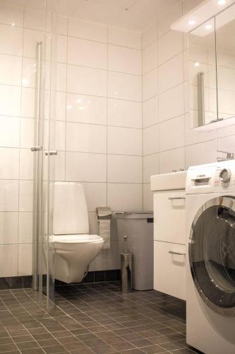 a bathroom with a toilet and a washing machine at Green Balcony Studio near Metro in Norsborg