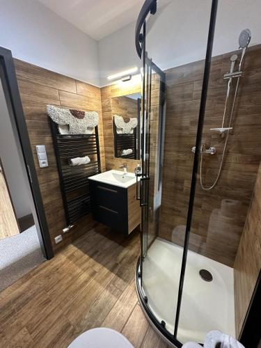 a bathroom with a shower and a sink at penzionMoravia in Moravská Nová Ves