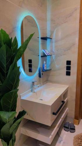 a bathroom with a sink with a mirror and a plant at فلة جديدة راقية بمسبح داخلي Luxury villa with indoor pool in Taif