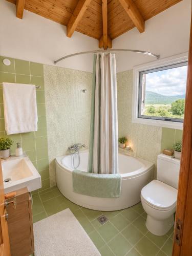 a bathroom with a tub and a toilet and a sink at Casa Rosa Ammoudia in Ammoudia