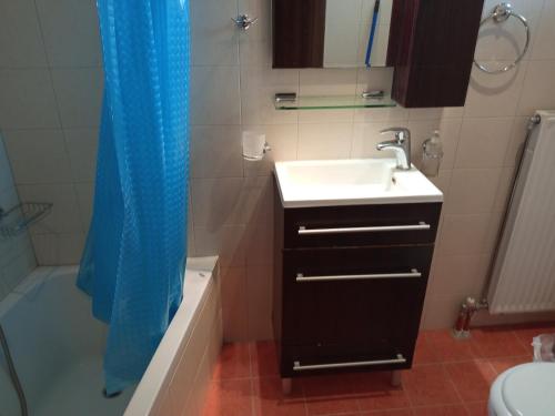 a bathroom with a sink and a toilet and a shower at Giannad suite in Distomo