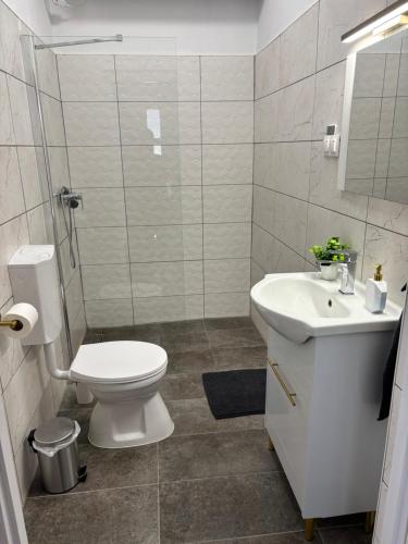 a white bathroom with a toilet and a sink at Katerina Apartman in Gyula