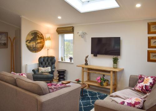 a living room with two couches and a flat screen tv at Clear Sky Lodge Park in Kielder