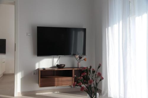 a flat screen tv on a wall in a living room at Apartman Mala Artica in Drage