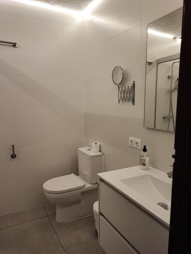 a white bathroom with a toilet and a sink at Apartamento colibrí in Alaior
