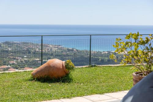 a rock sitting on top of a field of grass at Villa Eftychia - Panoramic Sea View in Svoronata