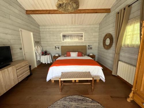 a bedroom with a bed and a tv in it at Maison Albatros in Pyla-sur-Mer
