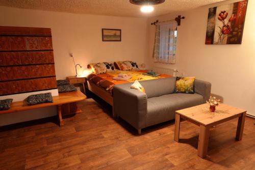 a living room with a bed and a couch at Hiša Varleh in Mengeš