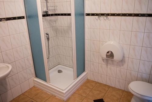 a bathroom with a shower with a toilet and a sink at Eiva in Marijampolė