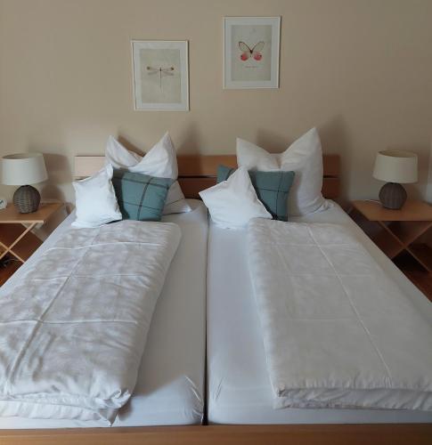 two beds sitting next to each other in a room at Ferienwohnung Gartentraum in Oberzent