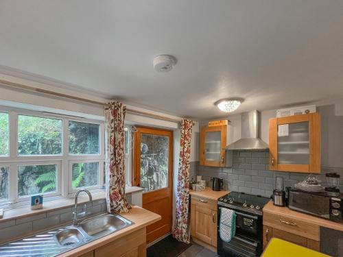 a kitchen with a sink and a stove at Fronfanol - Uk49776 in Llanfair Talhaiarn