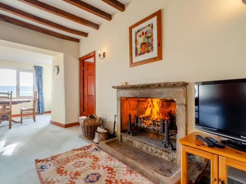 a living room with a fireplace and a flat screen tv at Griff Head Cottage in Carlton